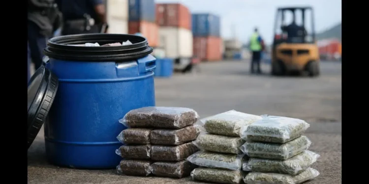 Illustrative image of Vieux Fort hashish seizure showing a blue barrel and vacuum-sealed drug packages at a seaport