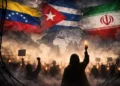 Confronting Repression editorial image showing a candlelight protest with the flags of Venezuela, Cuba and Iran