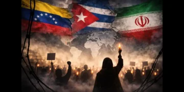 Confronting Repression editorial image showing a candlelight protest with the flags of Venezuela, Cuba and Iran