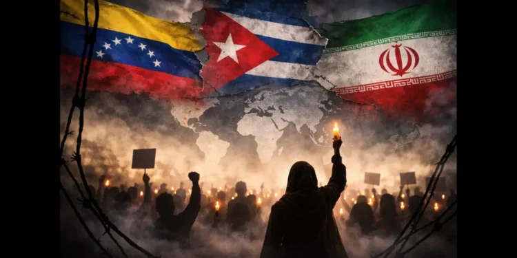 Confronting Repression editorial image showing a candlelight protest with the flags of Venezuela, Cuba and Iran