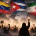 Confronting Repression editorial image showing a candlelight protest with the flags of Venezuela, Cuba and Iran