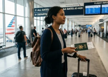 Airport traveler holding passport and boarding pass after Grenada added to U.S. visa bond list