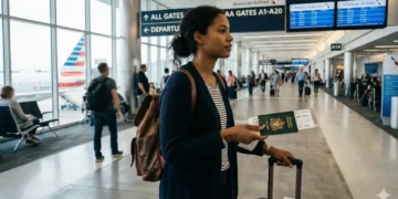 Airport traveler holding passport and boarding pass after Grenada added to U.S. visa bond list