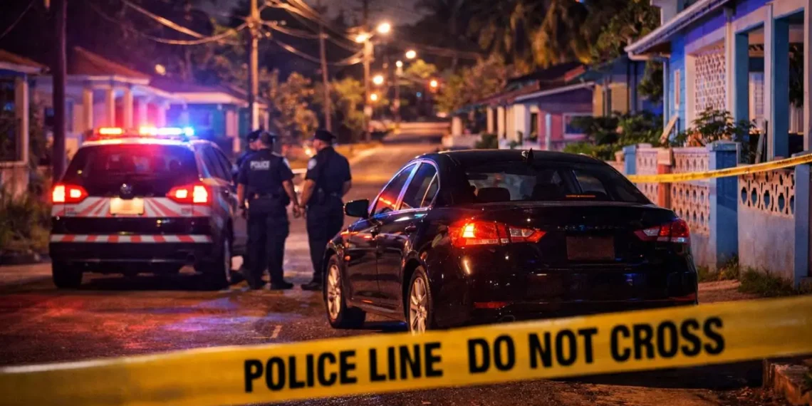 Illustrative image of a Bois Patat shooting scene with police and a vehicle on a residential street in St Lucia.