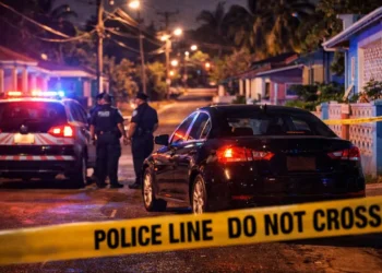 Illustrative image of a Bois Patat shooting scene with police and a vehicle on a residential street in St Lucia.