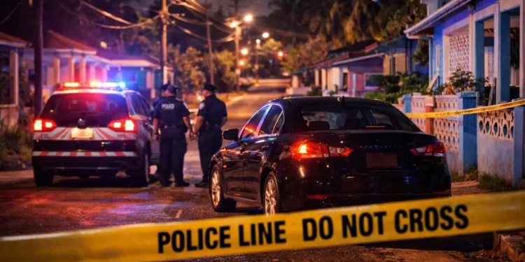 Illustrative image of a Bois Patat shooting scene with police and a vehicle on a residential street in St Lucia.