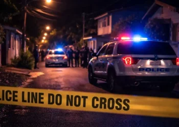 Illustrative police scene in Castries at night with flashing lights and officers after the La Pansee shooting