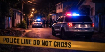 Illustrative police scene in Castries at night with flashing lights and officers after the La Pansee shooting