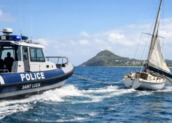 Police Marine Unit Assists Distressed Vessel off Gros Islet as officers tow capsized sailboat safely ashore