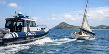 Police Marine Unit Assists Distressed Vessel off Gros Islet as officers tow capsized sailboat safely ashore