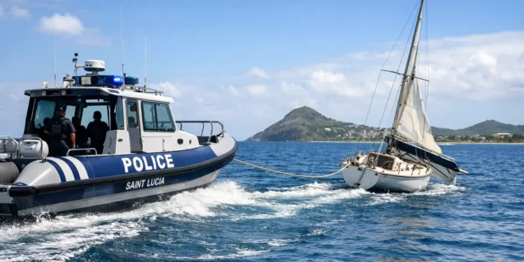 Police Marine Unit Assists Distressed Vessel off Gros Islet as officers tow capsized sailboat safely ashore