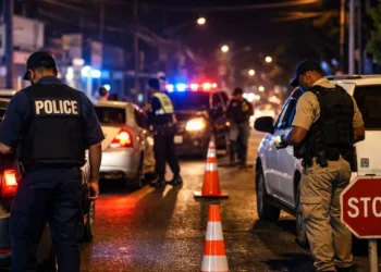 Police officers conduct a nighttime checkpoint during the Castries Basin operation in St Lucia
