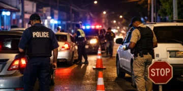 Police officers conduct a nighttime checkpoint during the Castries Basin operation in St Lucia