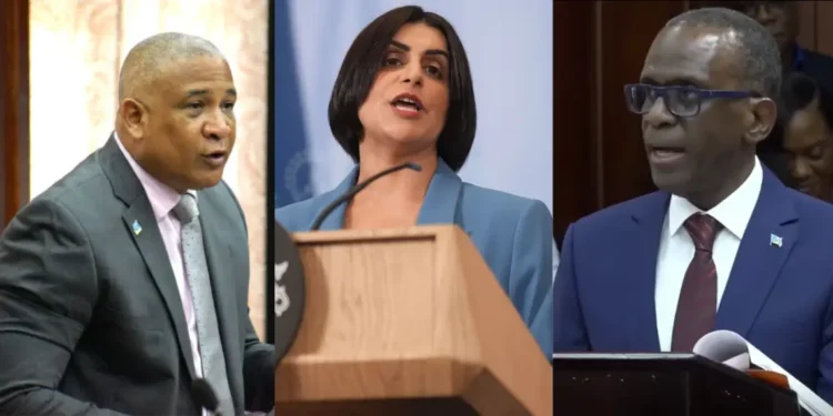 Composite image showing Ernest Hilaire, UK Home Secretary Shabana Mahmood and Philip J Pierre as the UK cites CIP in new visa rule for St Lucia