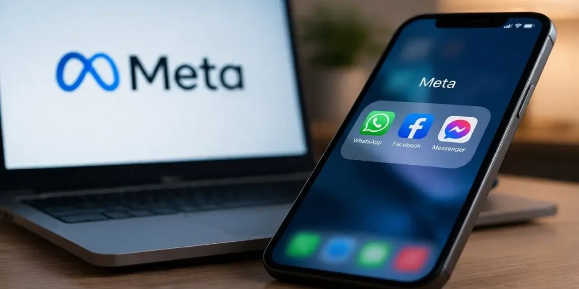 AI scam threat illustration showing Meta apps on a smartphone with a Meta logo on a laptop screen