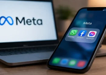 AI scam threat illustration showing Meta apps on a smartphone with a Meta logo on a laptop screen