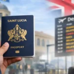 St Lucia passport held at airport departure board symbolizing St Lucia travel fallout and visa concerns for St Lucian travelers