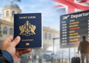 St Lucia passport held at airport departure board symbolizing St Lucia travel fallout and visa concerns for St Lucian travelers