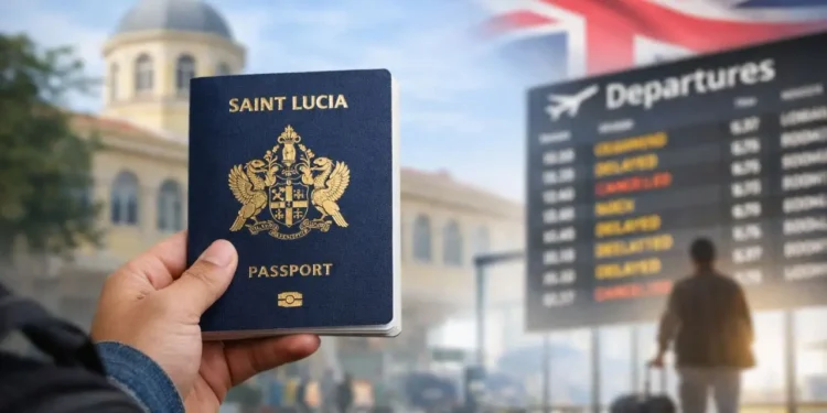 St Lucia passport held at airport departure board symbolizing St Lucia travel fallout and visa concerns for St Lucian travelers