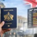 St Lucia passport held at airport departure board symbolizing St Lucia travel fallout and visa concerns for St Lucian travelers