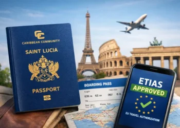 A St Lucian passport and boarding pass next to a smartphone displaying ETIAS approval, with European landmarks in the background, representing ETIAS Required for St Lucia EU Travel for Europe-bound travelers.