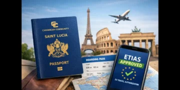 A St Lucian passport and boarding pass next to a smartphone displaying ETIAS approval, with European landmarks in the background, representing ETIAS Required for St Lucia EU Travel for Europe-bound travelers.