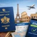 A St Lucian passport and boarding pass next to a smartphone displaying ETIAS approval, with European landmarks in the background, representing ETIAS Required for St Lucia EU Travel for Europe-bound travelers.