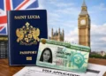 St Lucian Green Card holders shown through a St Lucia passport, U.S. Green Card and UK visa application backdrop