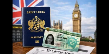 St Lucian Green Card holders shown through a St Lucia passport, U.S. Green Card and UK visa application backdrop