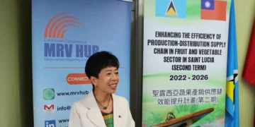 Taiwan Technical Mission representative presents smart agriculture project results in St Lucia alongside Caribbean Cooperative MRV Hub display