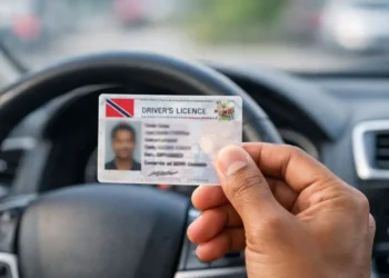 Illustration of a driver holding a Trinidad and Tobago driver’s licence inside a car after the Trinidad driver’s licence renewal period was extended
