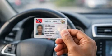 Illustration of a driver holding a Trinidad and Tobago driver’s licence inside a car after the Trinidad driver’s licence renewal period was extended