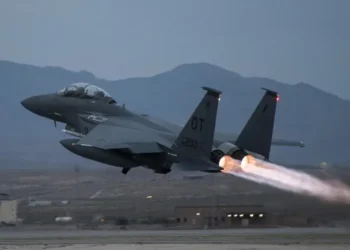 US Air Force F-15E Strike Eagle takes off with afterburners, after F-15E Strike Eagles Downed by friendly fire in Kuwait.