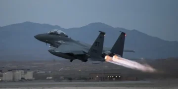 US Air Force F-15E Strike Eagle takes off with afterburners, after F-15E Strike Eagles Downed by friendly fire in Kuwait.