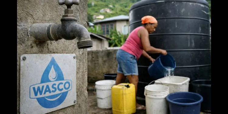 St Lucia Water Crisis image shows a resident filling buckets beside a WASCO water tank during prolonged outages