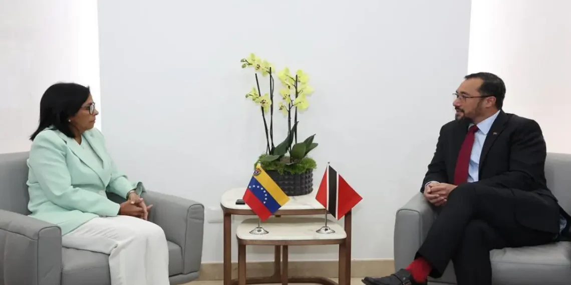 Delcy Rodríguez and Stuart Young meet during diplomatic engagement, highlighting the emerging CARICOM split in Caribbean regional relations.