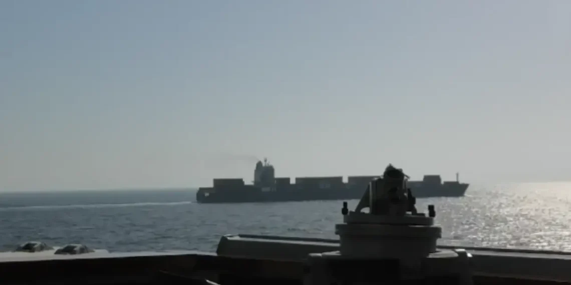 U.S. Navy view of cargo ship during operation where U.S. seizes Iranian vessel in the Arabian Sea