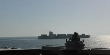U.S. Navy view of cargo ship during operation where U.S. seizes Iranian vessel in the Arabian Sea
