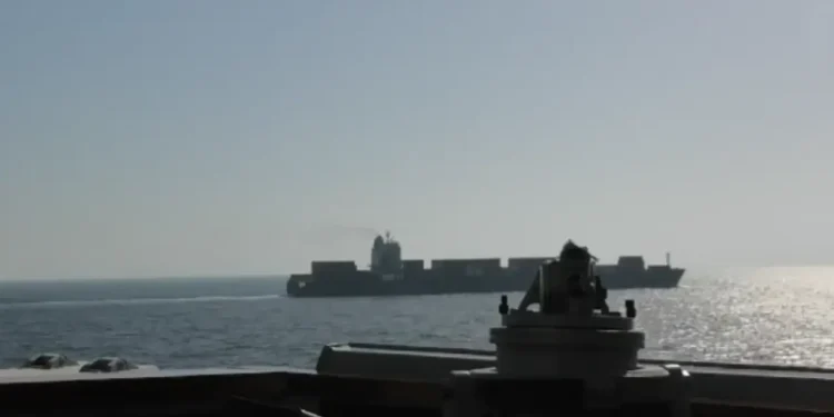 U.S. Navy view of cargo ship during operation where U.S. seizes Iranian vessel in the Arabian Sea