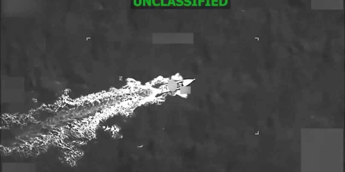 Thermal surveillance image shows a vessel at sea before a U.S. strike in Caribbean waters that killed three suspects, according to Southern Command.