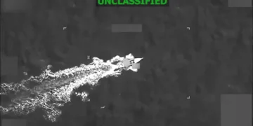 Thermal surveillance image shows a vessel at sea before a U.S. strike in Caribbean waters that killed three suspects, according to Southern Command.