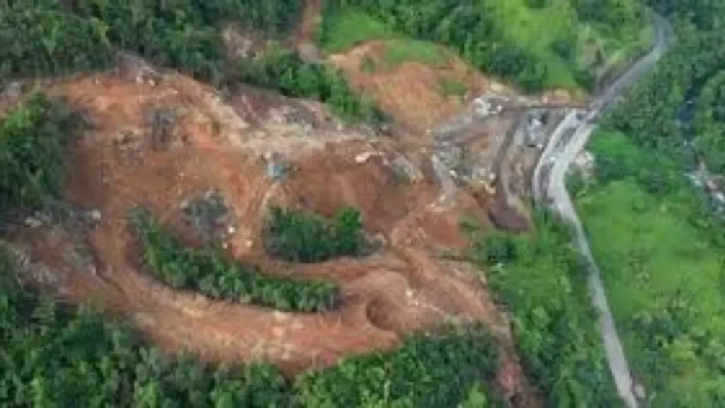 Aerial view of cleared hillside near the proposed Deux Branches quarry in Dominica