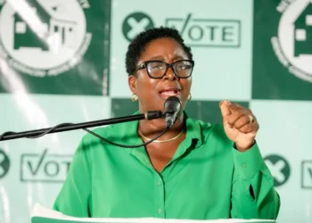 NNP Leader Emmalin Pierre speaks at a political event on Internet VAT