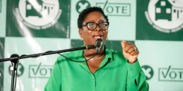 NNP Leader Emmalin Pierre speaks at a political event on Internet VAT