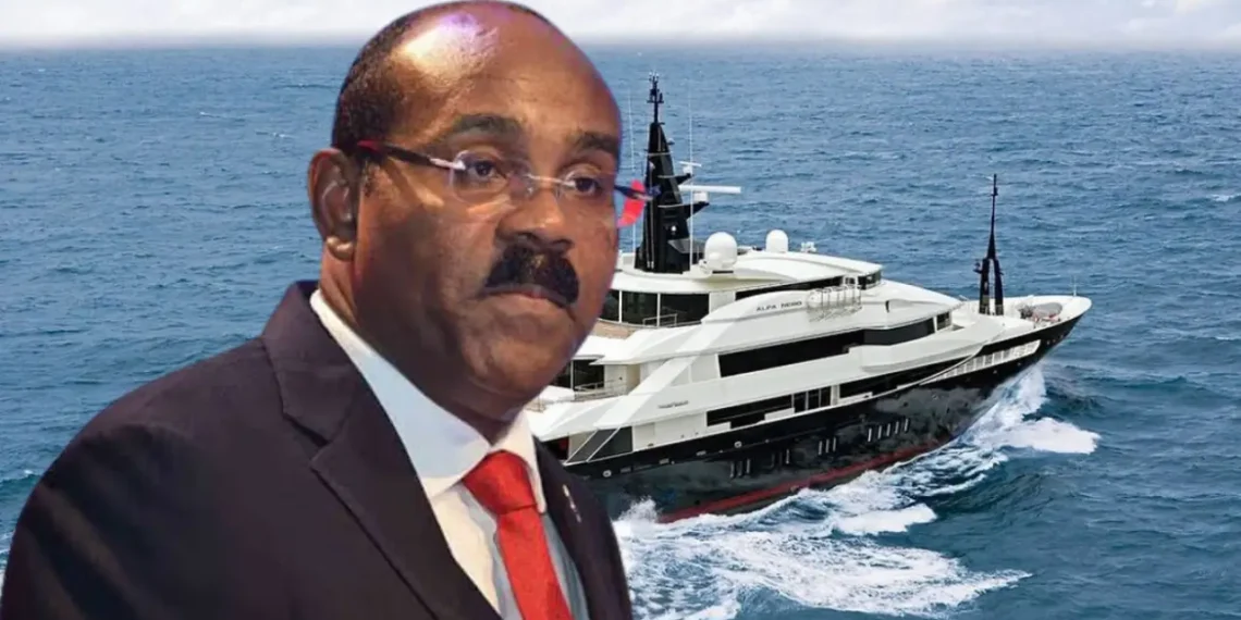 Alfa Nero ruling image showing Gaston Browne with the Alfa Nero yacht behind him