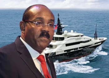 Alfa Nero ruling image showing Gaston Browne with the Alfa Nero yacht behind him