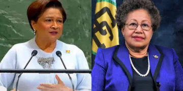 Kamla Persad-Bissessar and Carla Barnett in a composite image tied to the CARICOM Barnett Reappointment dispute