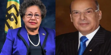 Carla Barnett and Sir Ronald Sanders in a composite image as Ronald Sanders Calls for Barnett Exit amid the deepening CARICOM crisis.