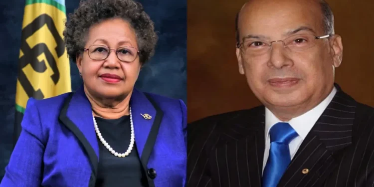 Carla Barnett and Sir Ronald Sanders in a composite image as Ronald Sanders Calls for Barnett Exit amid the deepening CARICOM crisis.