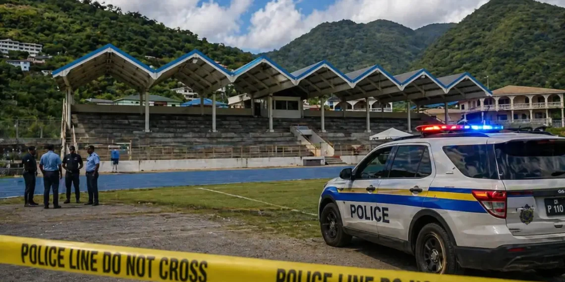 Illustration of Soufriere Stadium shooting scene with police tape and a police vehicle outside the Mini Stadium following the attack that injured two men